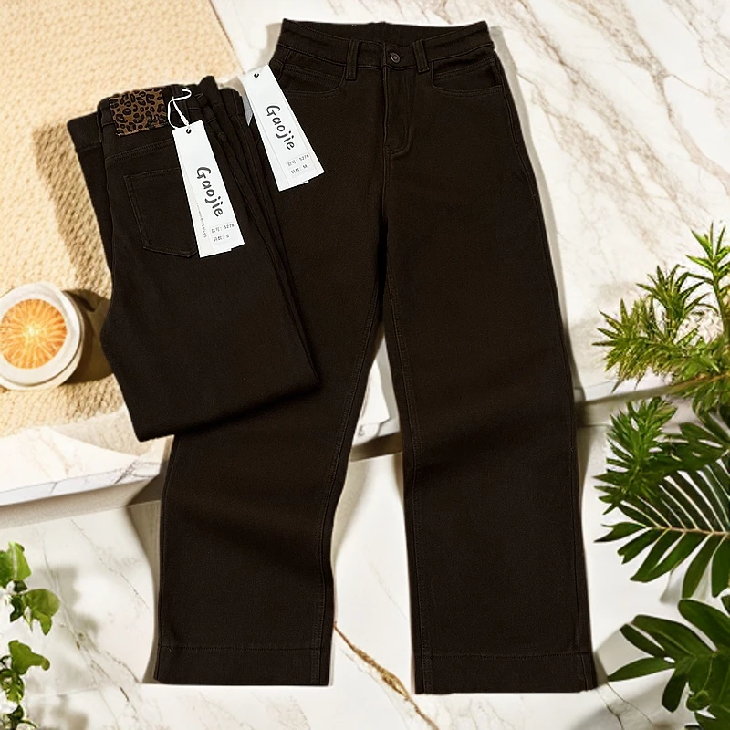 韩系穿搭！咖色豹纹皮牌加绒奶奶裤弹力宽松直筒裤休闲牛仔裤女