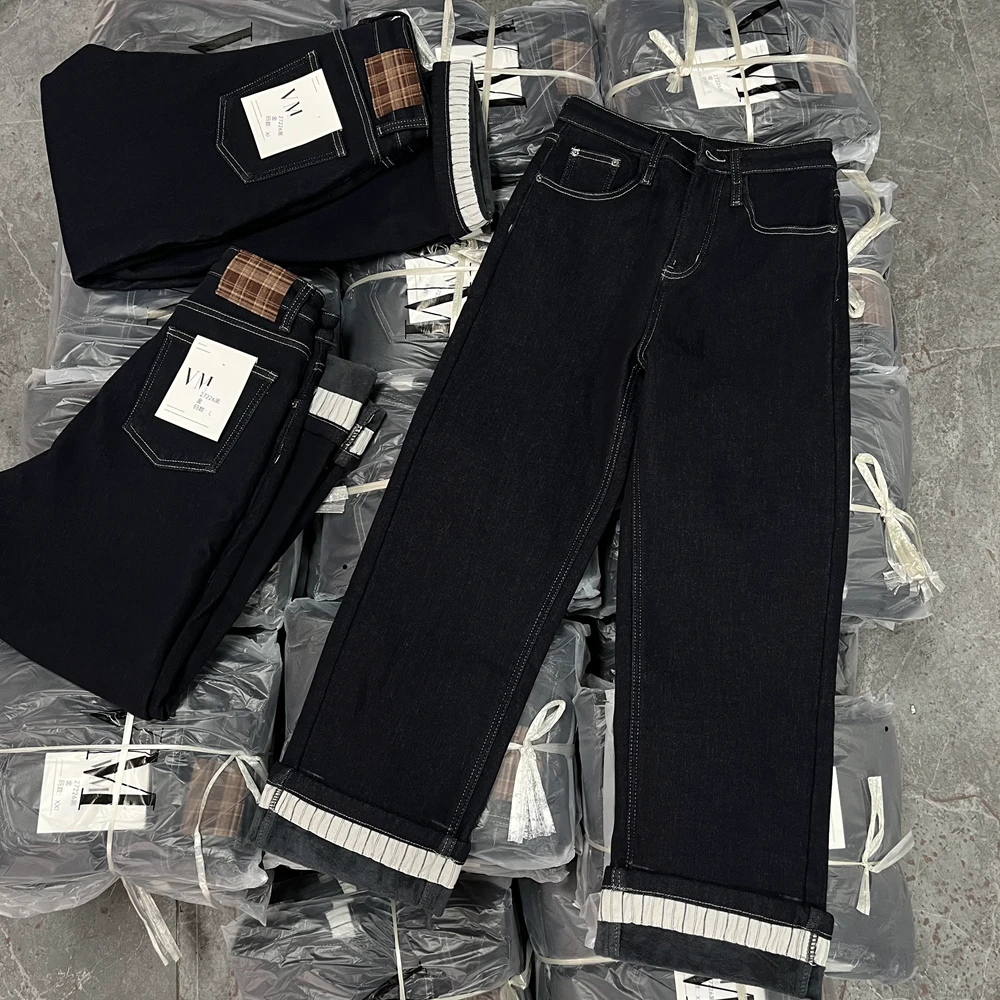 一裤三穿！宝藏裤黑金普洗卷边拼接加厚绒弹力直筒裤奶奶牛仔裤女