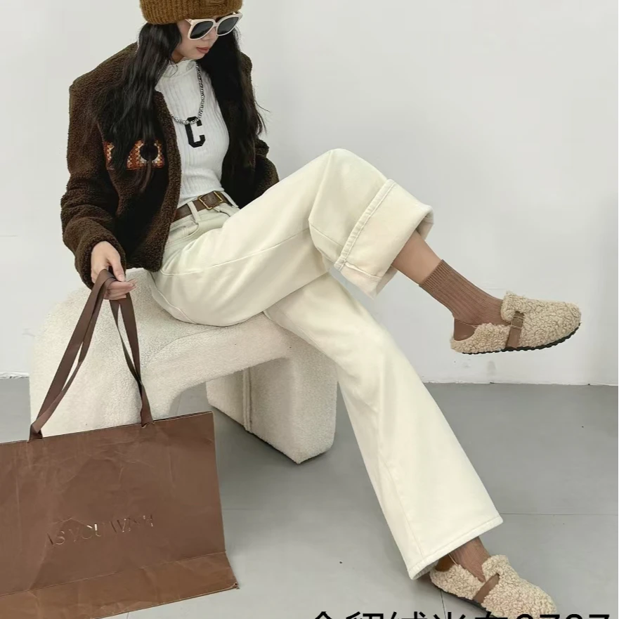 穿出笔直大长腿！ 奶杏色厚绒阔腿裤遮肉弹力宽松直筒牛仔裤女时尚