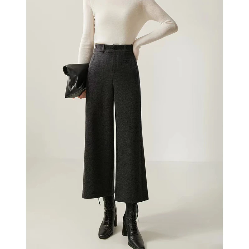 冬季新款时尚加厚百搭阔腿裤高腰休闲显瘦直筒裤九分裤女24370