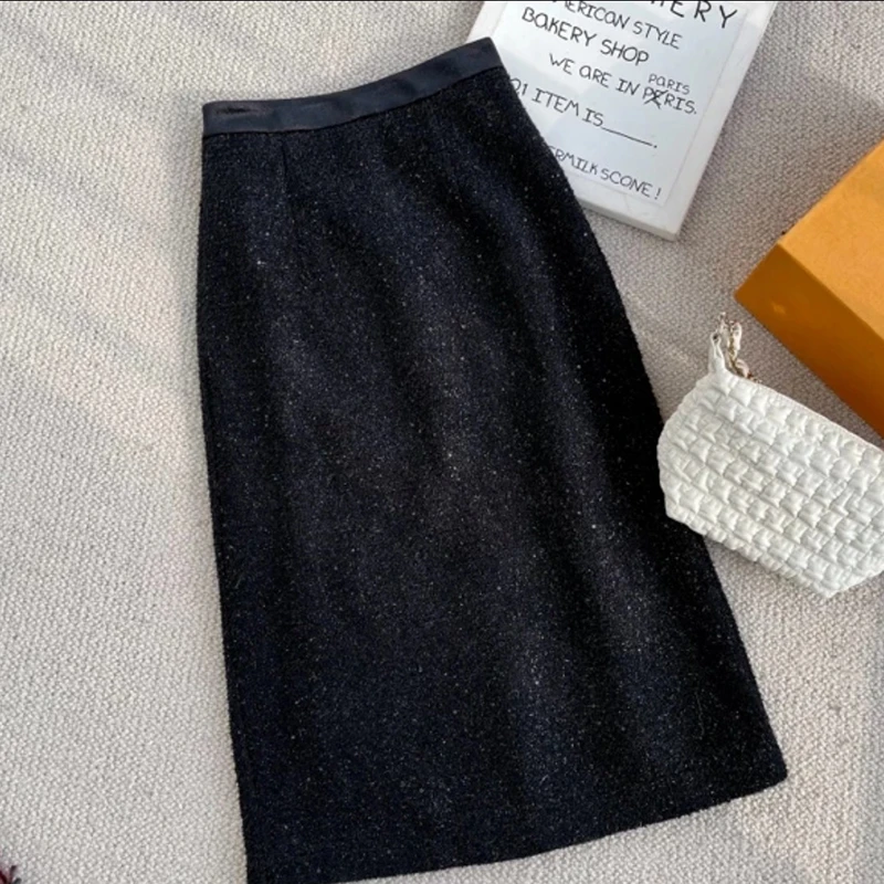 春秋新款百搭时尚高腰半身裙中长款气质开叉显瘦黑色裙子23389