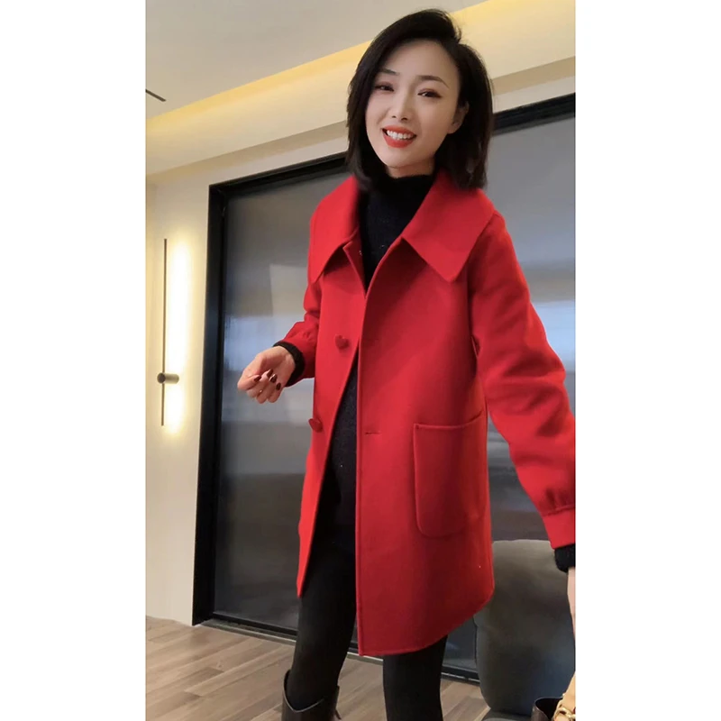 冬季新款时尚中长款爱心扣显瘦双面呢大衣气质高端毛呢外套23393