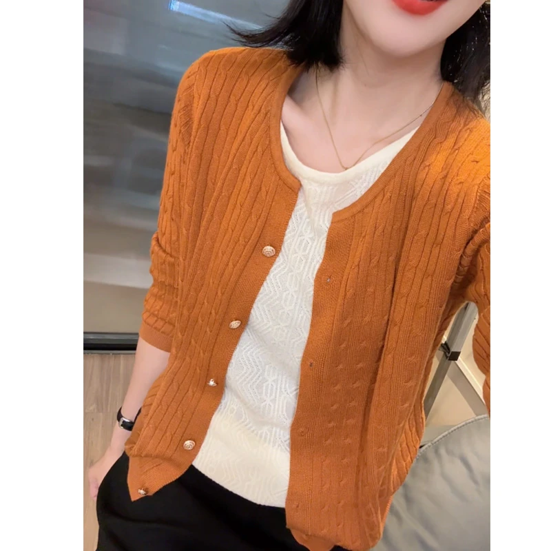 麻花坑条假两件针织衫女2024秋季新款简约通勤撞色拼接上衣24312