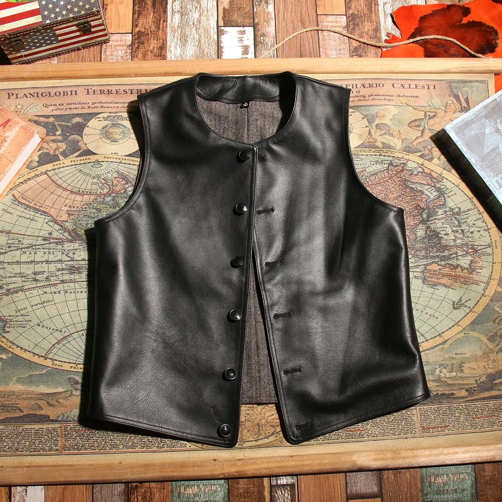 春秋真皮高端马甲头层牛皮圆领百搭日系复古修身工装马夹休闲男士