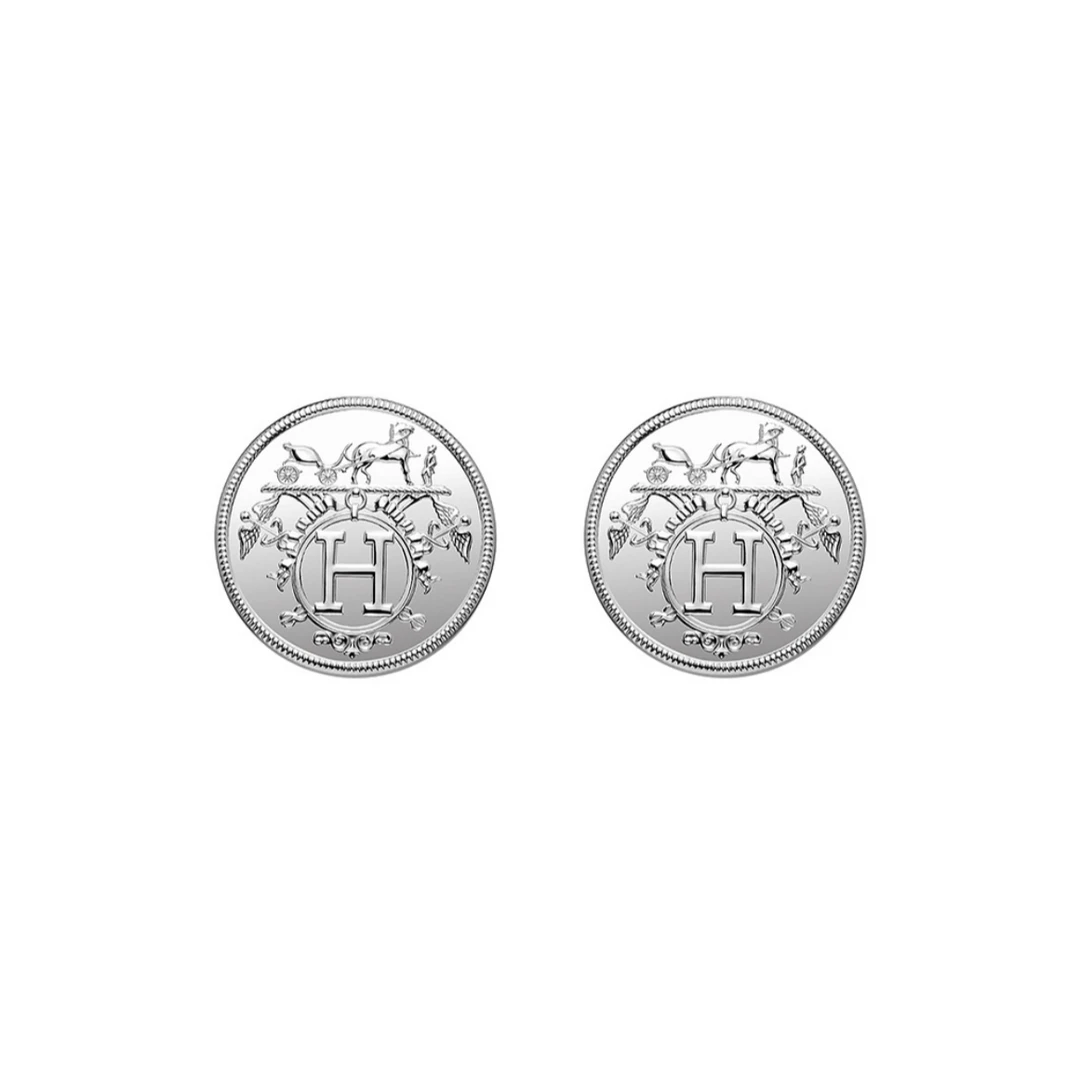 99新 Hermes/爱马仕 银制藏书章mini耳钉