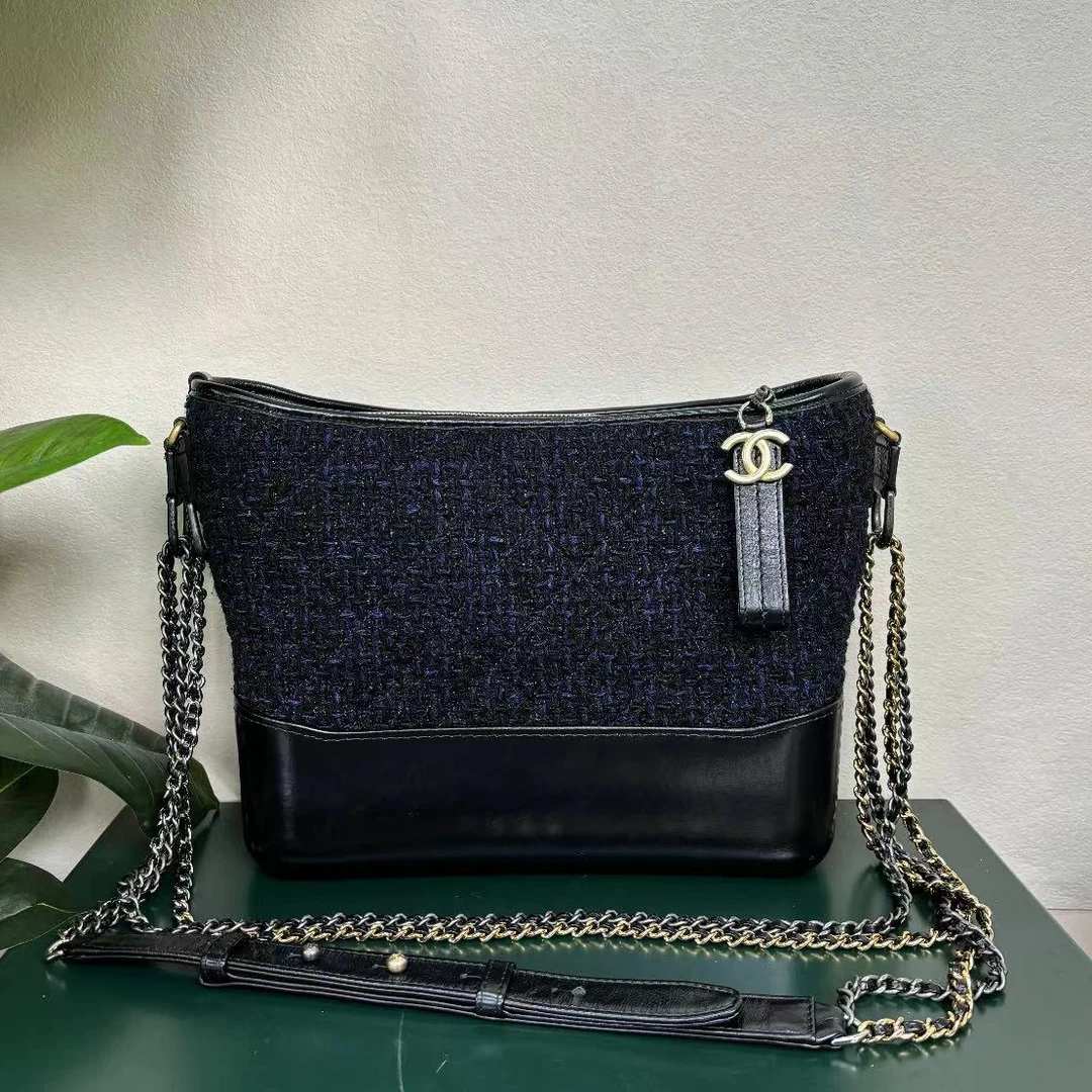 95新 Chanel/香奈儿 蓝黑毛呢中号流浪包链条包