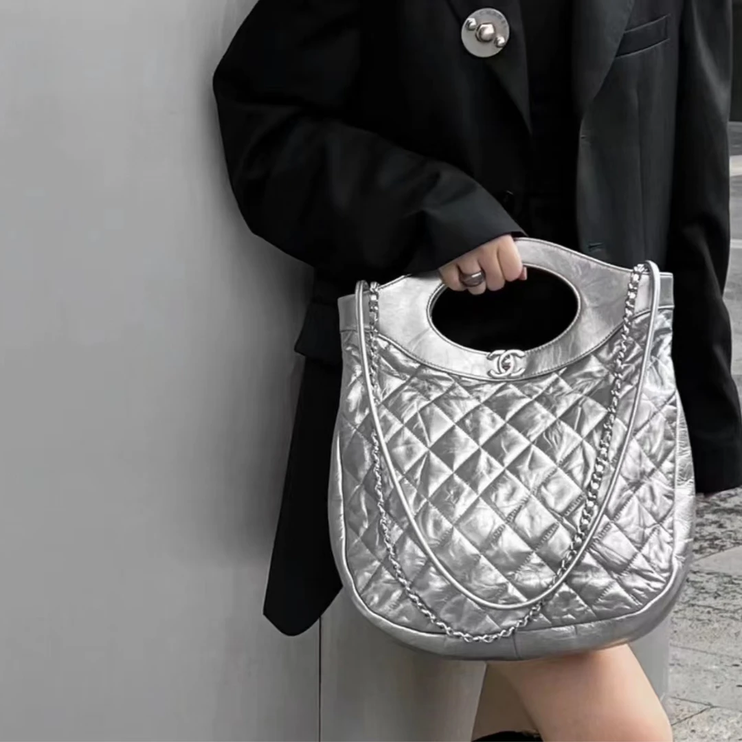 95新 Chanel/香奈儿 银色牛皮31bag单肩包手提包