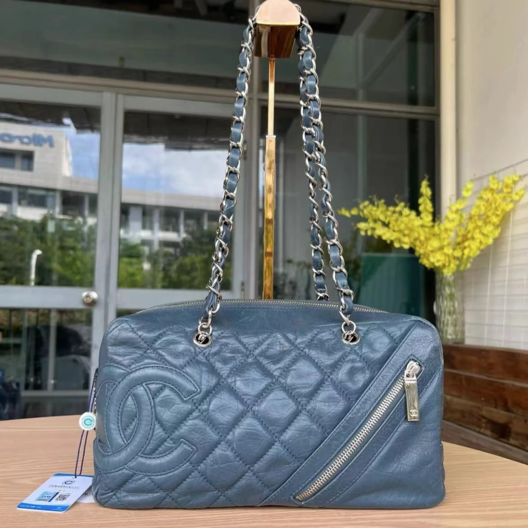 95新 Chanel/香奈儿 蓝色康鹏菱格纹单肩手提包