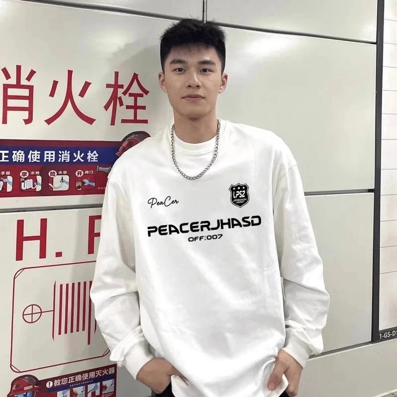 重磅纯棉长袖新款运动宽松T恤情侣休闲男士冬长袖t恤男装男款潮流