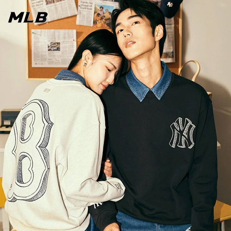 MLB情侣新款运动休闲长袖时尚圆领卫衣黑色白色炭灰色3AMTB0434