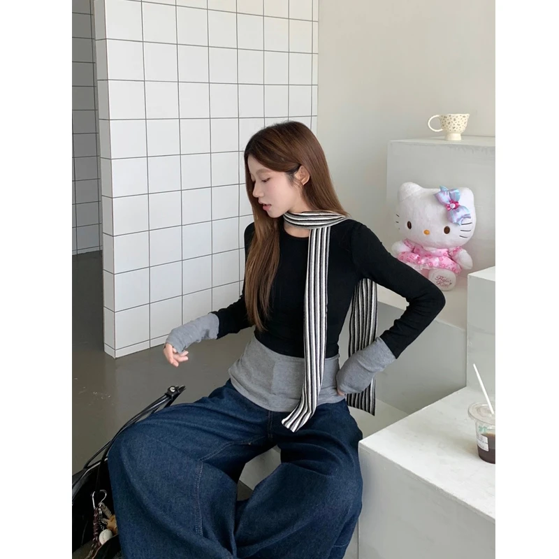 设计感假两件撞色长袖恤女装秋季小众内搭打底衫修身显瘦辣妹上衣