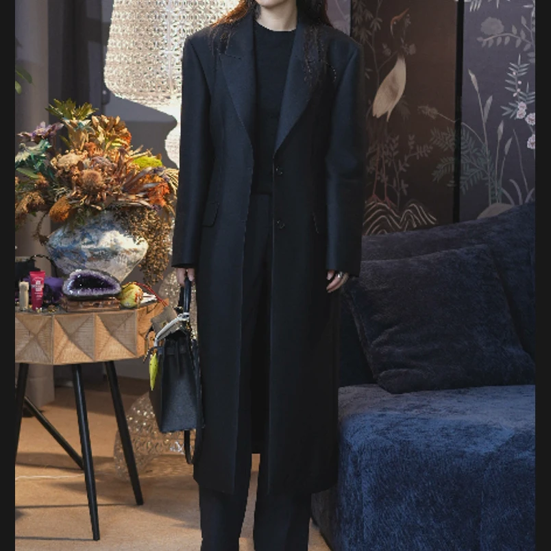 【高定奢风】时尚精致丝毛中长款秀场气质风衣百搭女士黑色