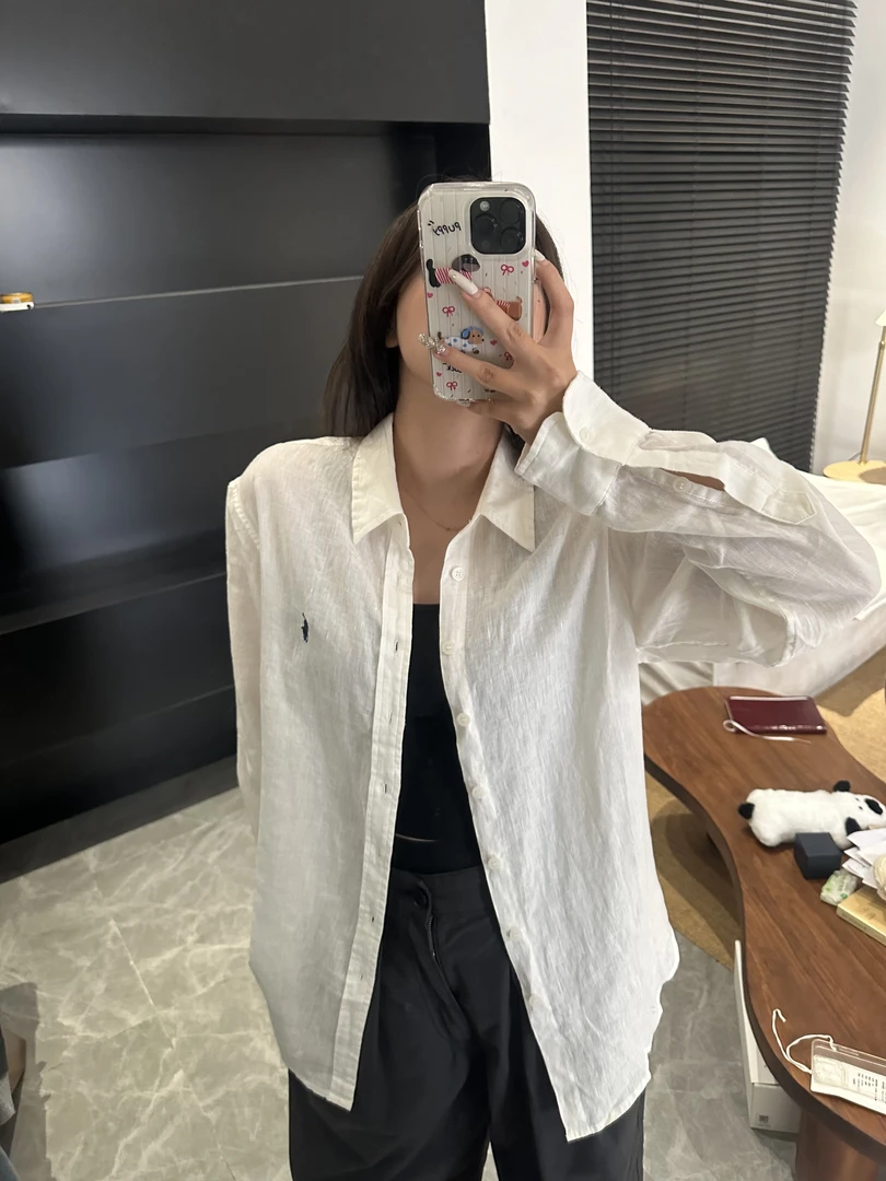 李1诺 『刺绣亚麻』简约纯色百搭宽松翻领衬衫DH085