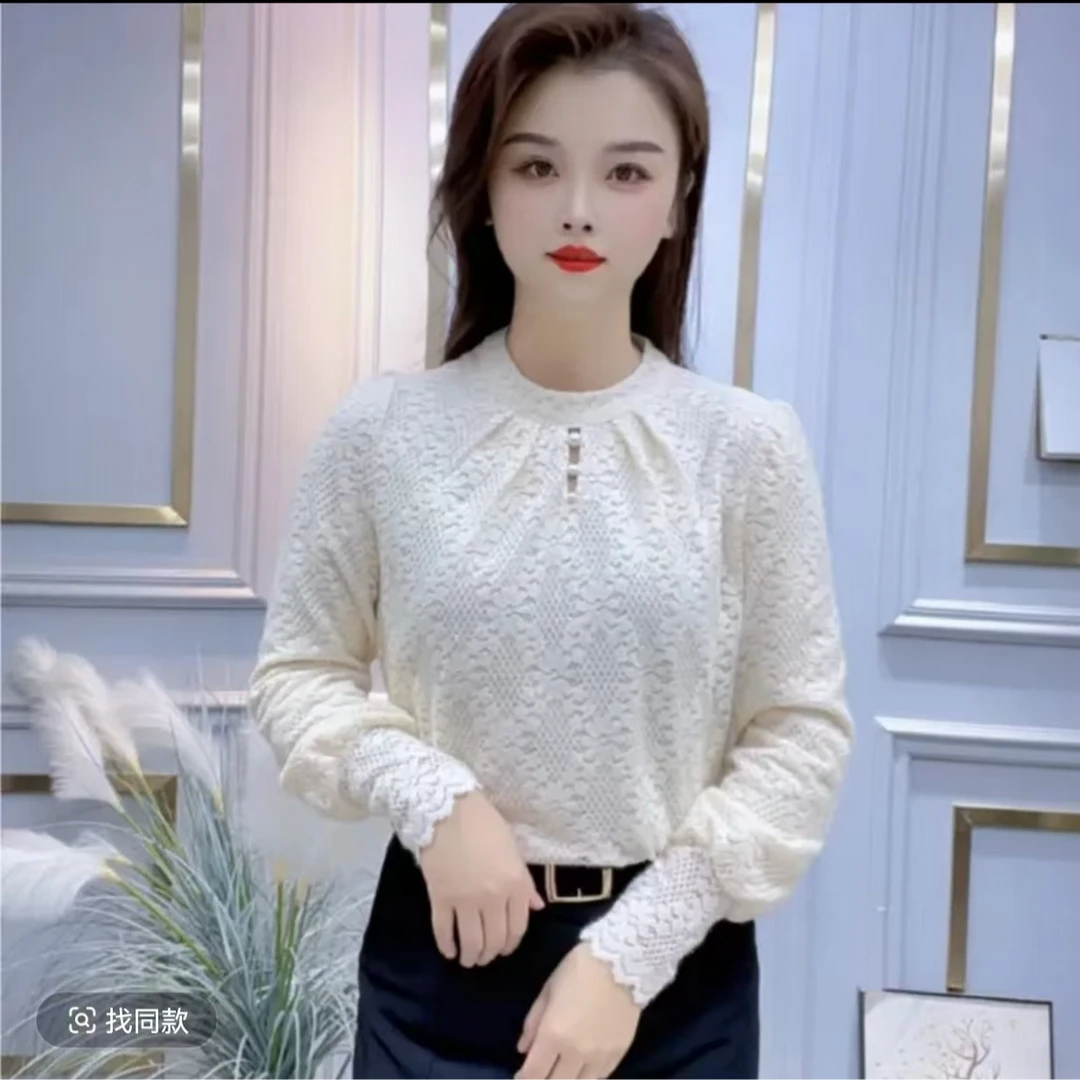2024新款法式磨毛蕾丝长袖衬衫女冬季加绒百搭时尚气质钉珠上衣