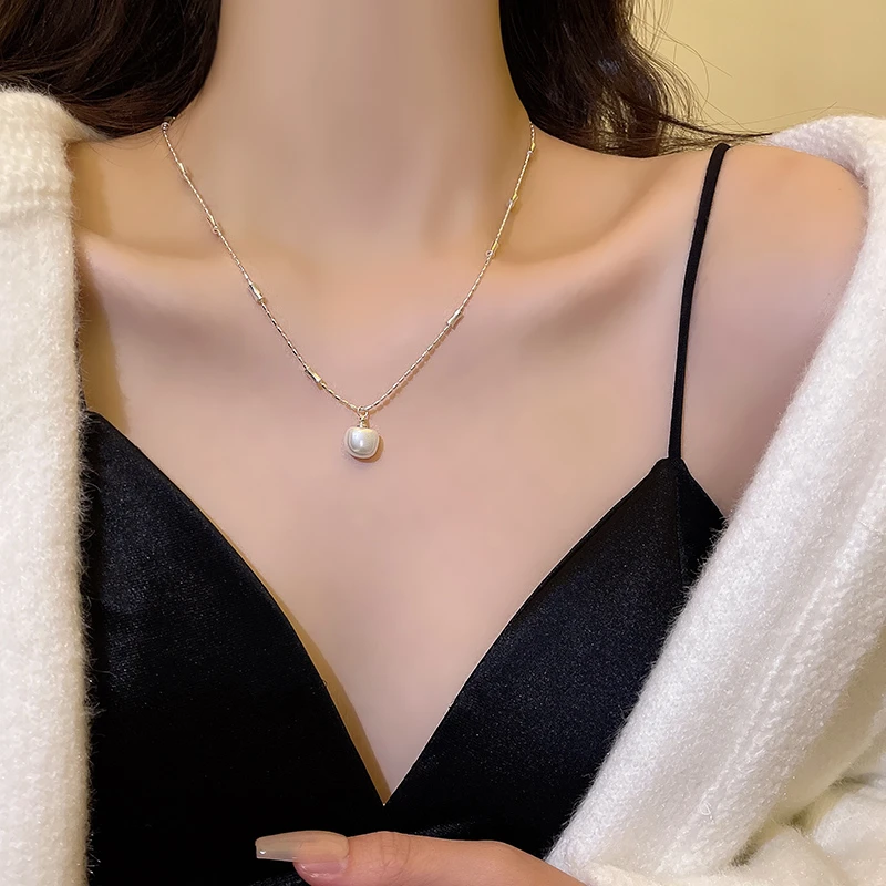合金仿珍珠项链 巴洛克项链女法式简约潮流锁骨链轻奢吊坠毛衣链