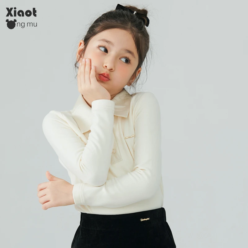 小童木 贵气金丝翻领女童T恤秋季2024新款长袖上衣儿童德绒打底衫