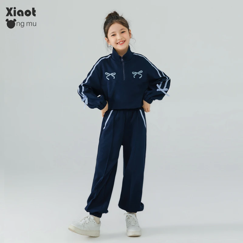 小童木 藏蓝色学院风女童运动套装秋冬新款加绒中大童卫衣两件套