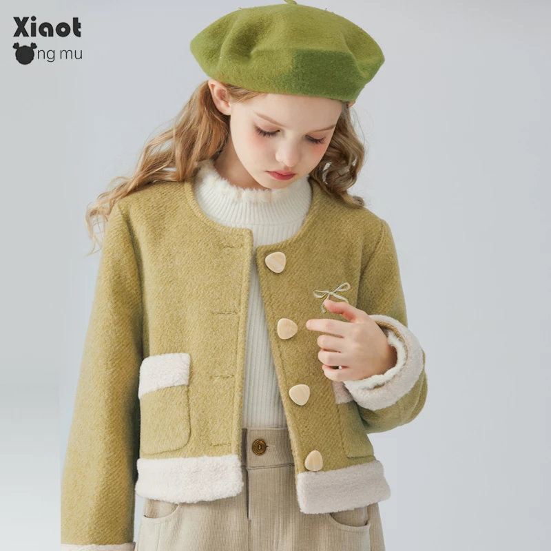 【断码特价】毛茸茸抹茶绿女童外套秋冬款新款女大童短款毛呢上衣