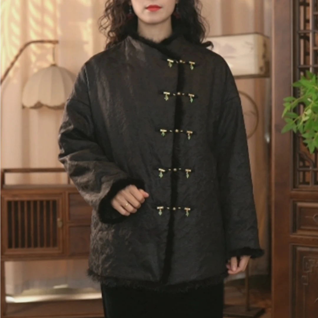 冬季新款新中式复古水貂毛提花香云纱保暖棉服25439