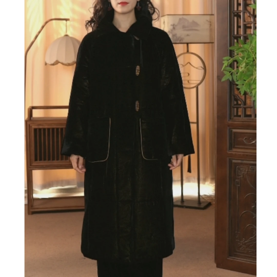 冬季新款高端桑蚕丝真丝绒棉衣棉服冬季中式简约款棉外套25452
