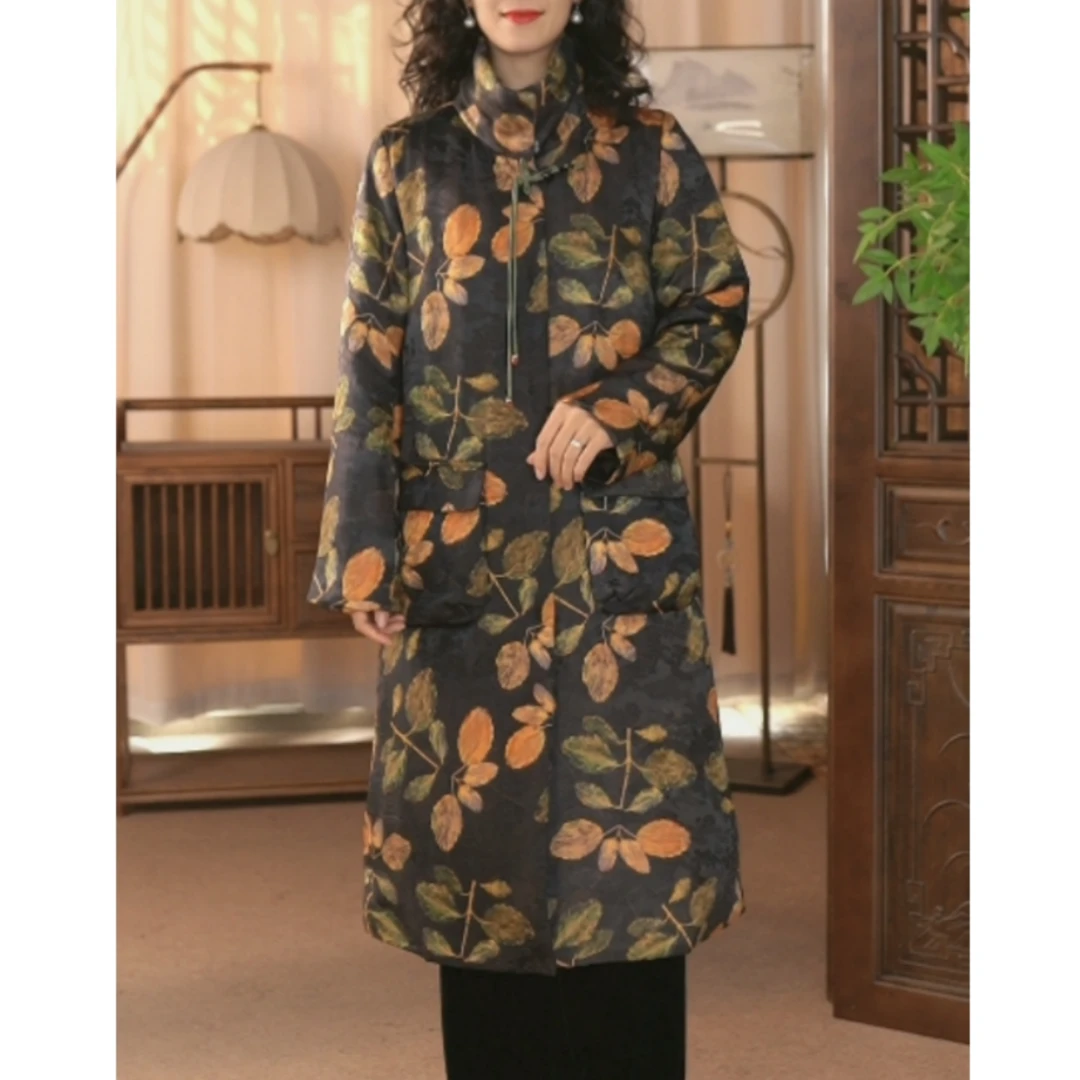 【一叶知秋】冬季复古中式桑蚕丝重缎提花盘扣棉风衣外套22269