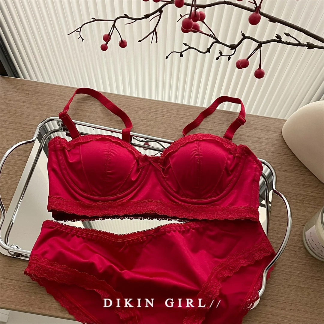 大胸显小内衣上托收副乳防下垂夏薄款红色蕾丝胸罩无痕软钢圈大码