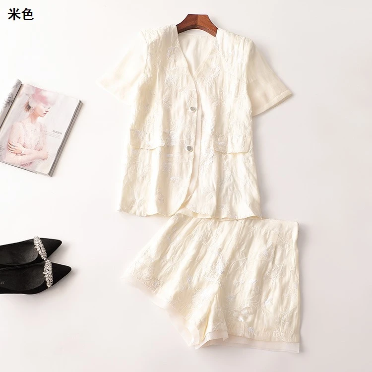 409310夏亮片短款短袖V领外套裤子套装