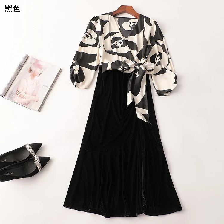 409585秋印花加长款九分袖V领连衣裙