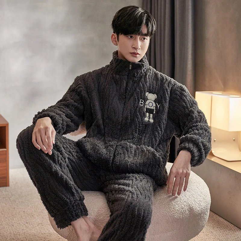 加厚加绒睡衣男士秋冬季保暖冬天珊瑚绒青年大码法兰绒家居服套装