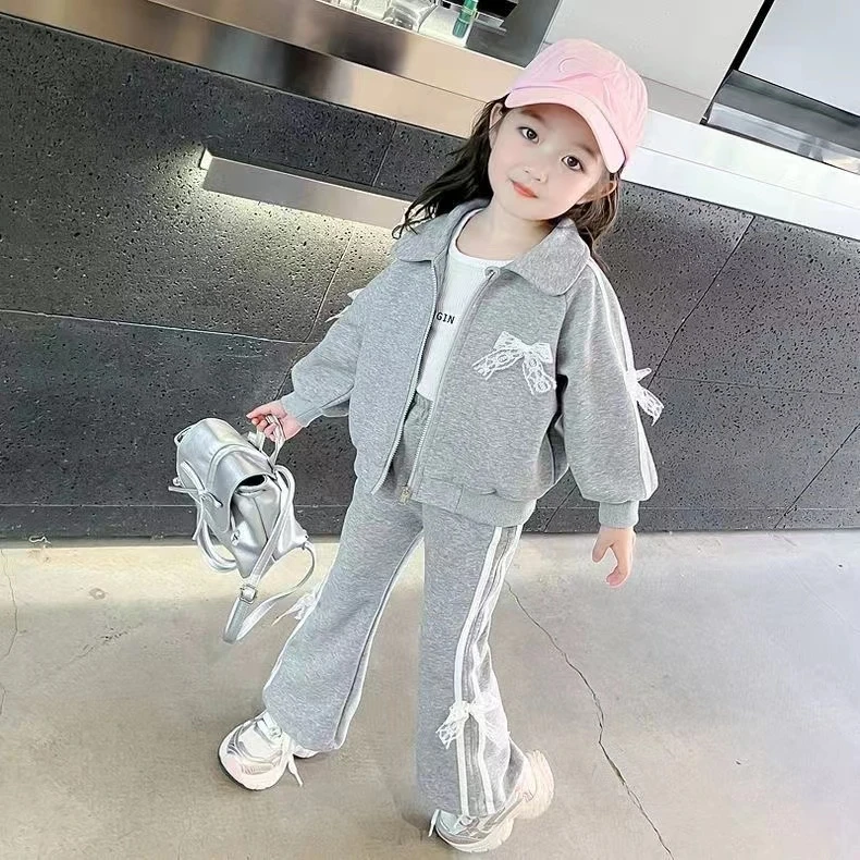 女童蝴蝶结纯色套装2024年韩版宽松休闲儿童宝宝两件运动套装秋季