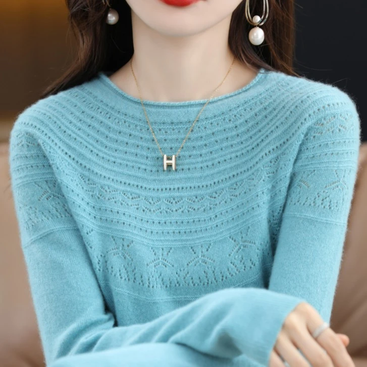羊毛衫女100%纯羊毛 一线成衣 镂空 卷边 圆领 针织保暖打底衫女