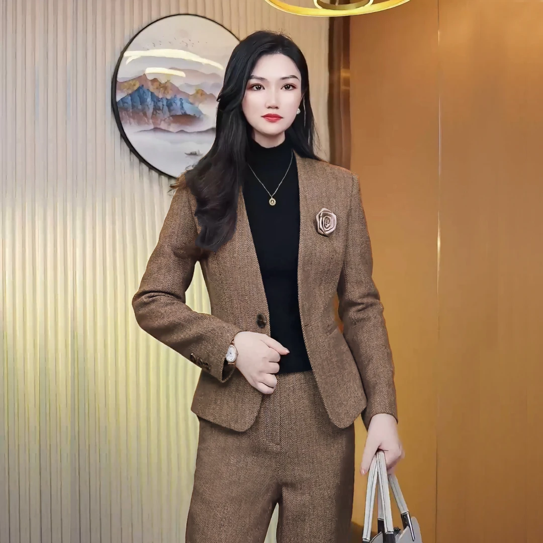 绵羊毛秋冬毛呢西装套装外套女短款西服时尚气质休闲百搭条纹西服