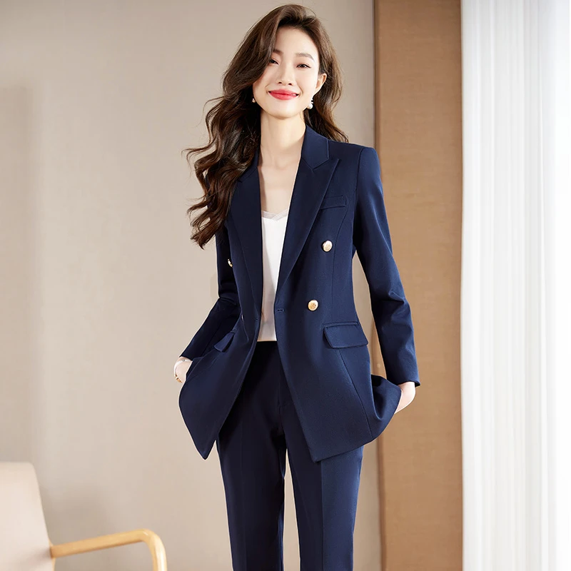 藏青色高级西装套装女正装春秋新款职业气质女神范西服外套工作服