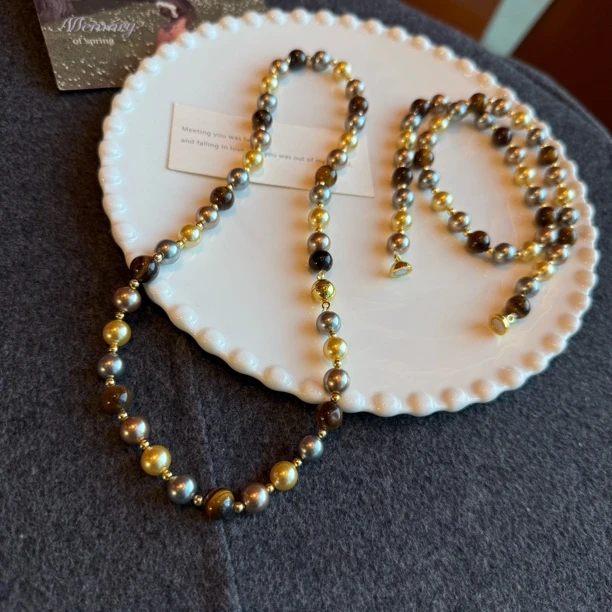 铜合金仿珍珠项链 7010复古虎眼落叶黄项链