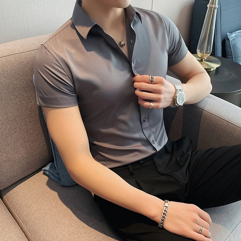 欧货夏季衬衫男短袖修身英伦风商务免烫男士衬衣休闲高级灰色正装