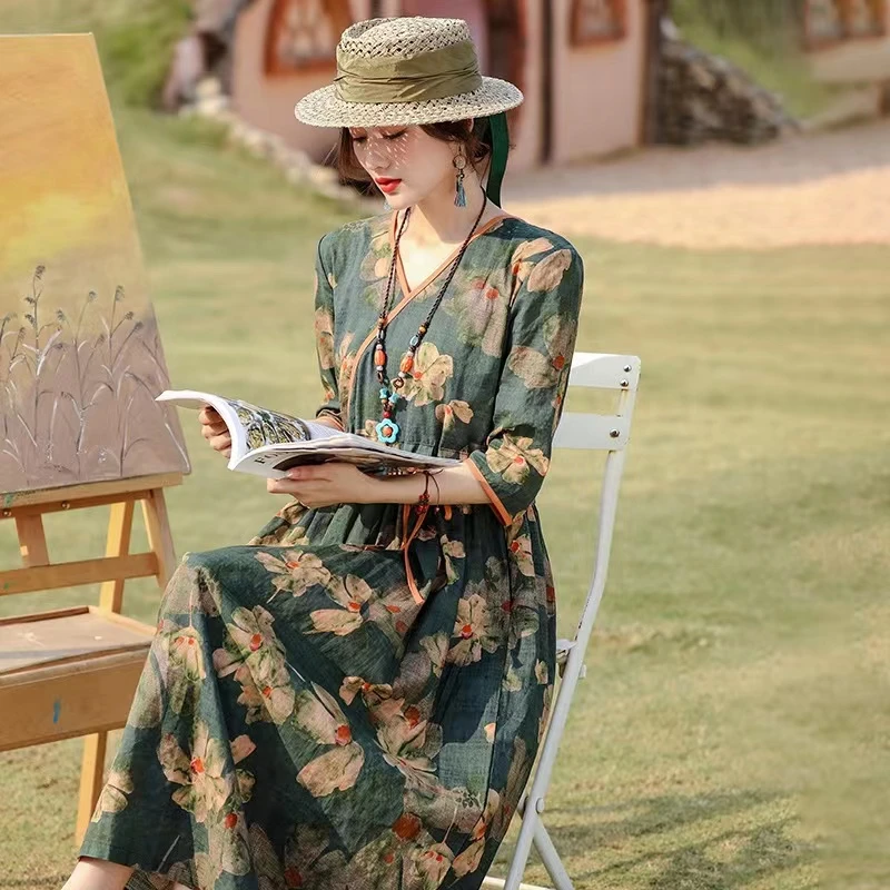 44A夏季新款复古棉麻花色V领抽绳收腰长款气质连衣裙C223