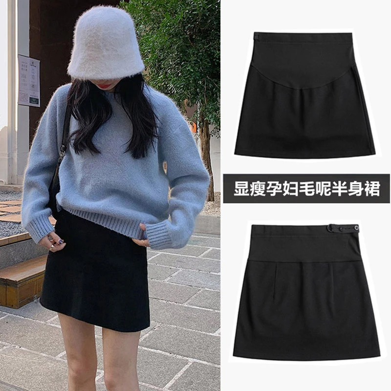 秋冬新款黑色孕妇短裙显瘦一步裙包臀A字裙显瘦托腹毛呢半身裙子