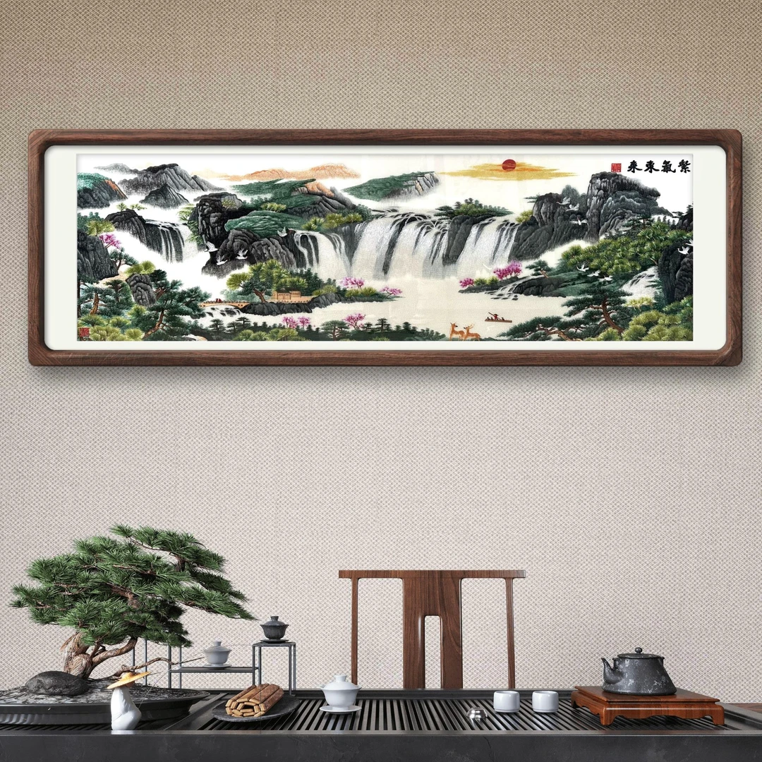 山水刺绣横版紫气东来湘绣苏绣新中式客厅中堂玄关壁办公挂装饰画