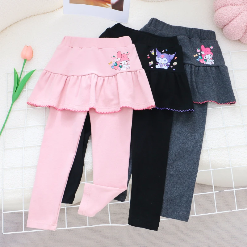 纯棉女童春秋裤子2024新款洋气宝宝外穿百褶裙裤儿童卡通打底裤