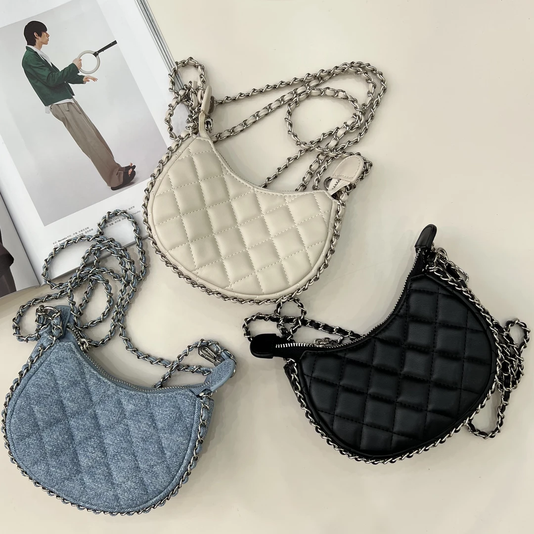 [吉吉女包]小香风菱格时尚链条单肩斜背月牙迷你包#1236