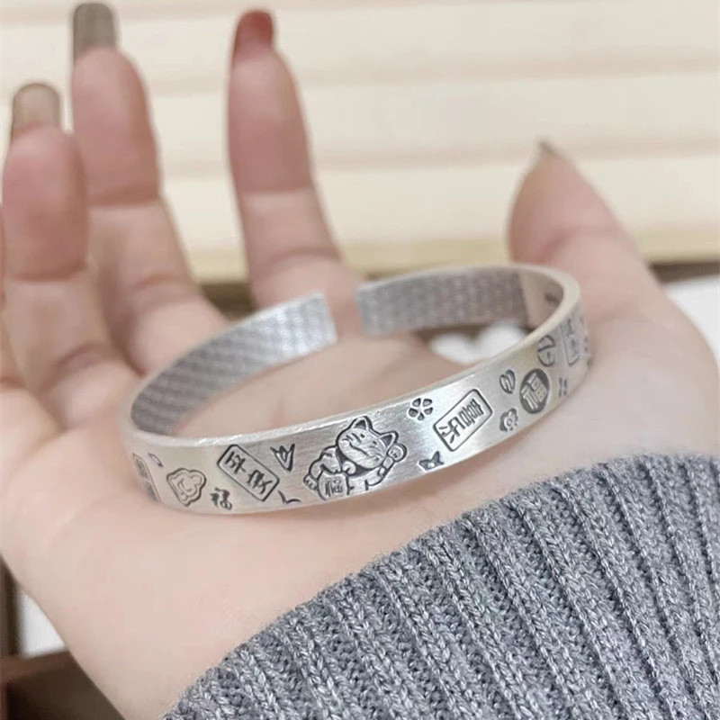 足银手镯 006平安喜乐招财猫吉言手镯复古国风福字个性