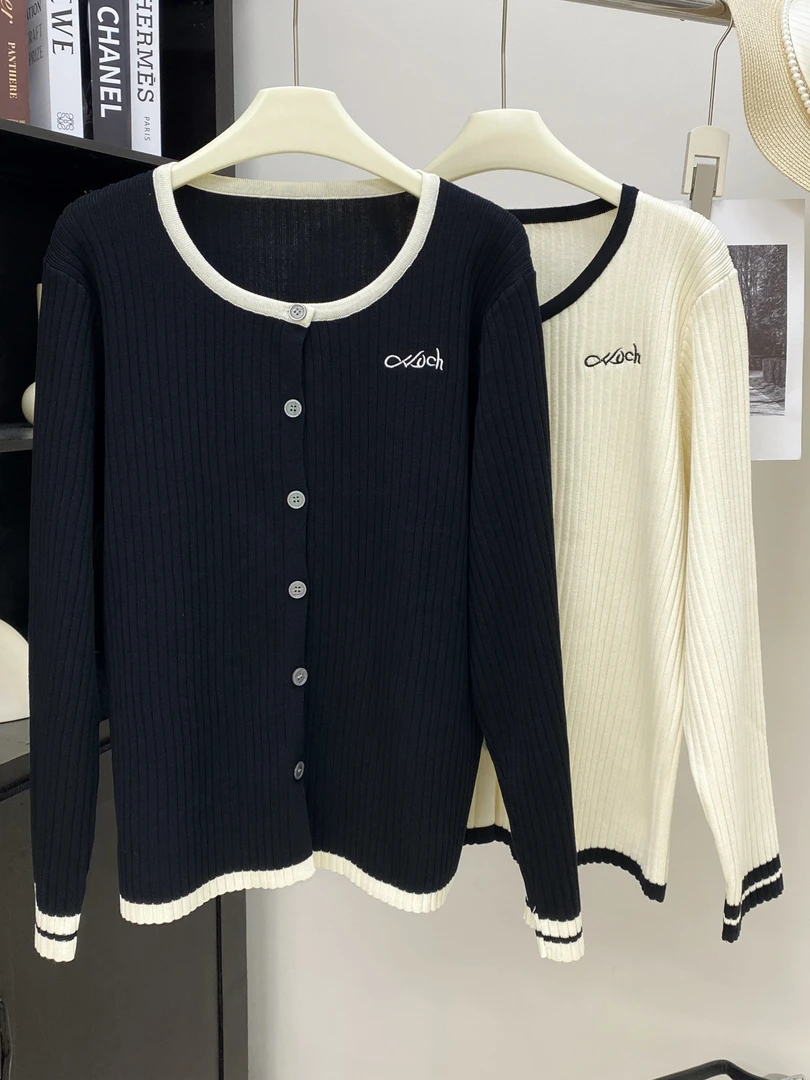 拼色刺绣针织开衫女2024秋季韩版百搭坑条长袖显瘦上衣#9006（5)