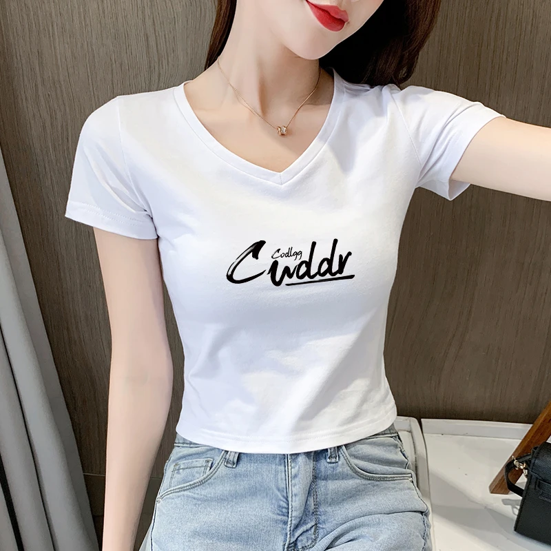 短袖短款t恤女夏白色露脐上衣紧身显瘦V领黑色韩版高腰性感漏肚脐