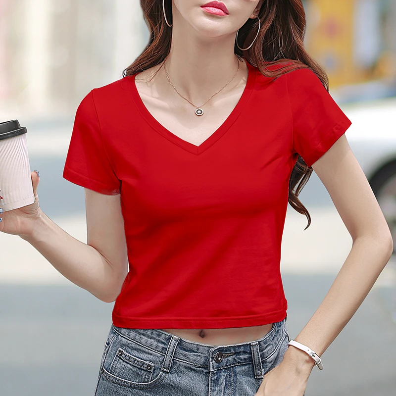 t恤女短款露脐上衣2024年夏季新款高腰修身v领紧身小个子体恤潮