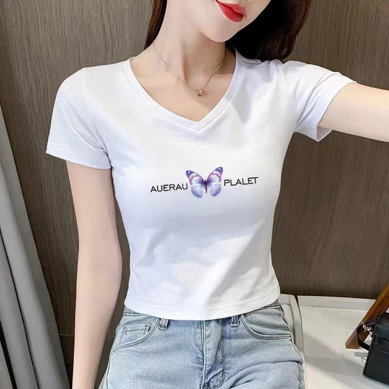 2024年夏季新款短袖t恤女短款上衣修身高腰性感紧身v领露脐体恤