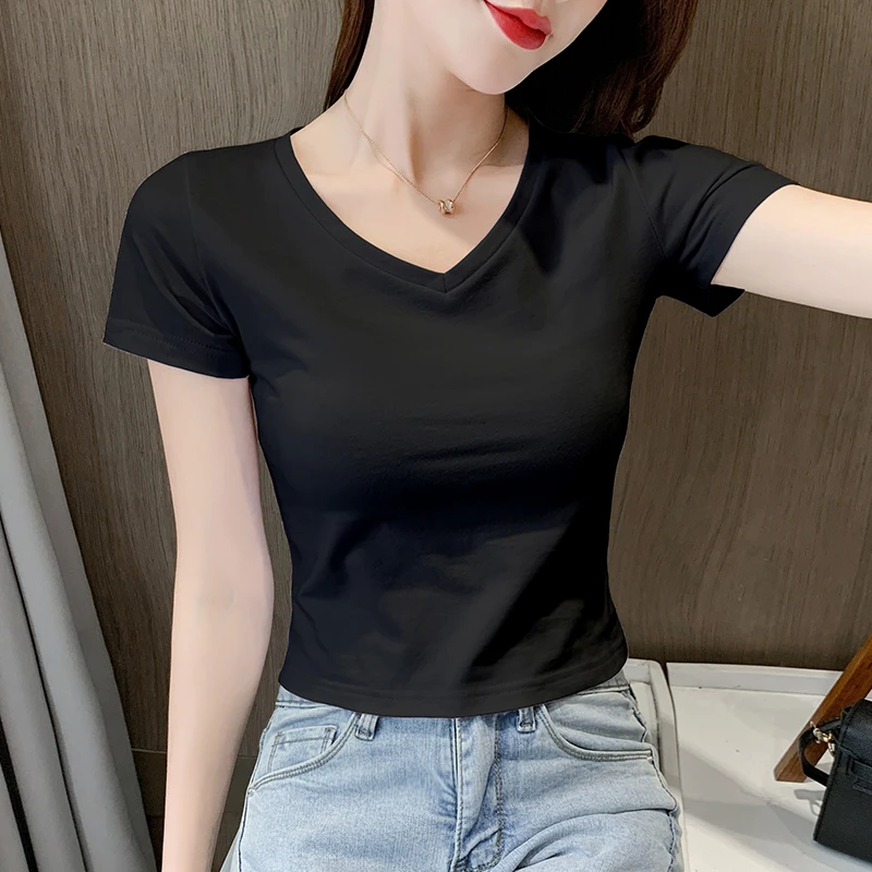 短款t恤女露脐上衣高腰修身短袖鸡心领夏季新款紧身V领时尚体恤