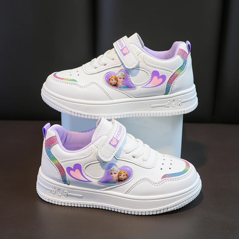 品牌断码女童爱莎公主运动板鞋2025新款皮面小学生休闲软底小白鞋