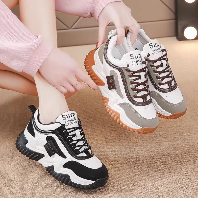 真软皮2024春秋新款老爹女鞋ins潮厚底运动休闲鞋百搭软底9008