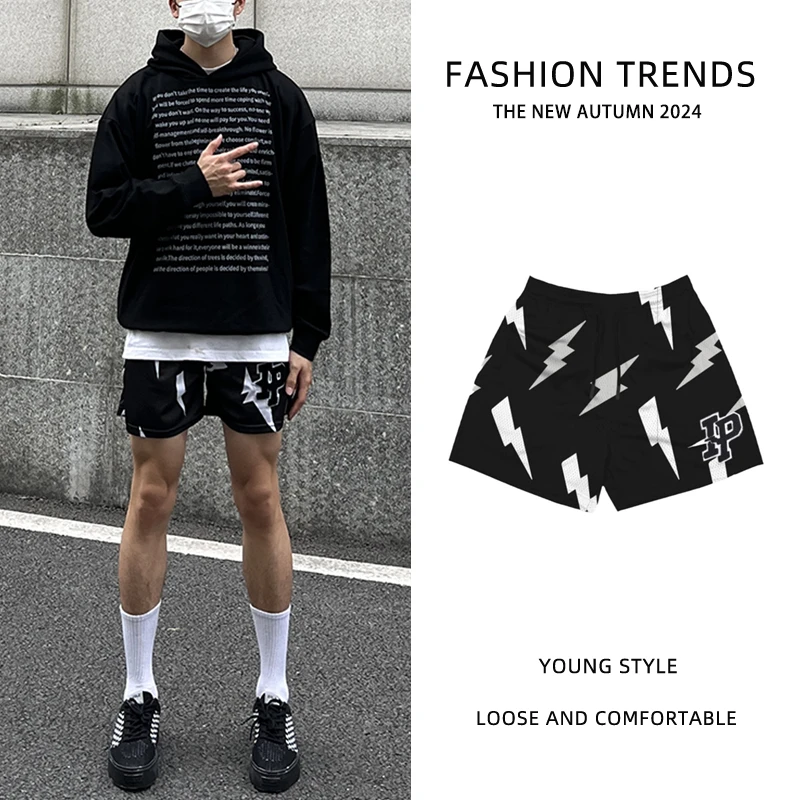 黑色闪电篮球短裤男美式不过膝四分运动裤网眼透气速干训练裤夏季