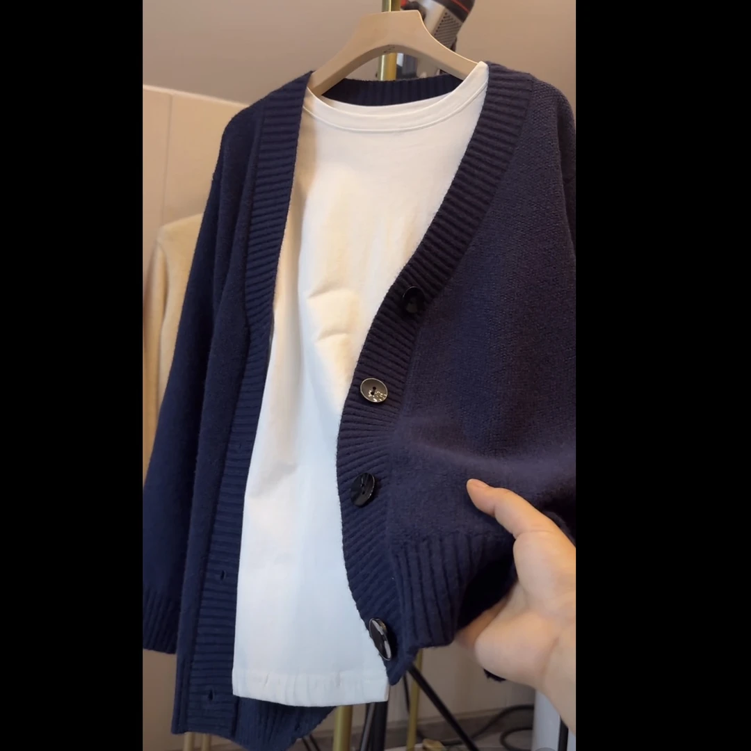 【小鹿家纯色毛衣】开衫外套春秋新款宽松显瘦百搭时尚针织男女通穿